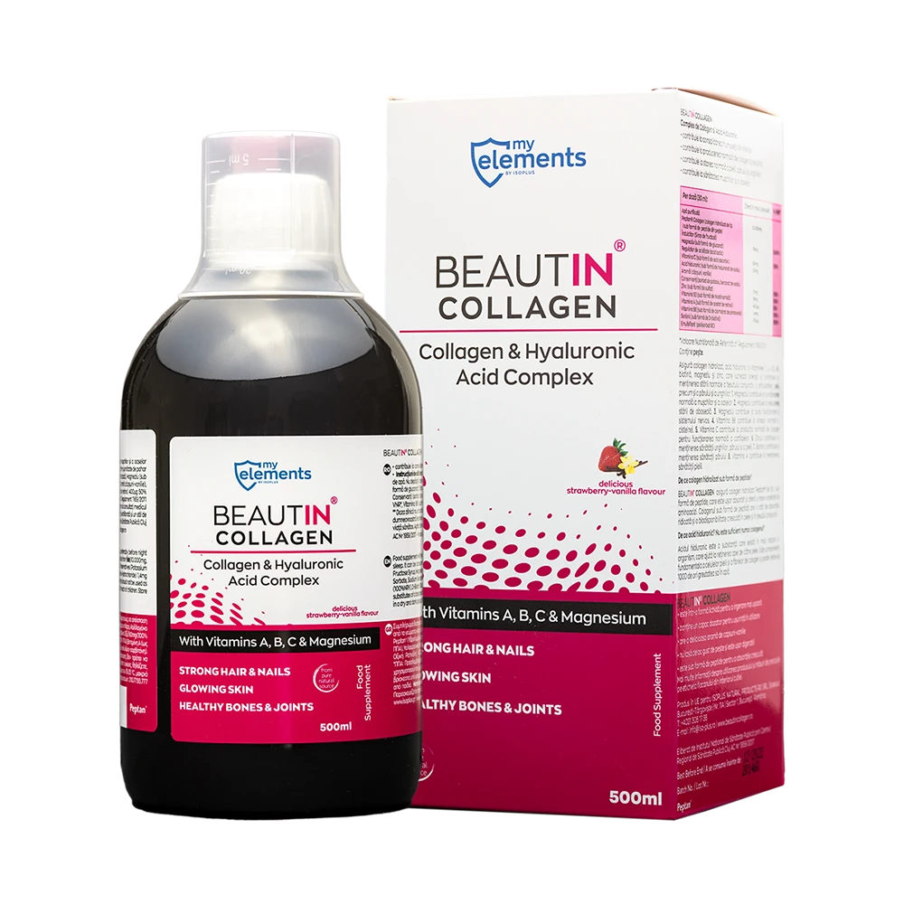 Beautin collagen advanced cu magneziu 500ml, my elements - isoplus capsuni si vanilie