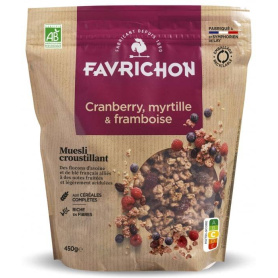 Musli crocant cu merisor, afine si zmeura, eco-bio, 450 g, Favrichon