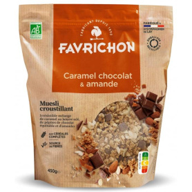 Musli crocant cu caramel, ciocolata si migdale, eco-bio, 450 g, Favrichon
