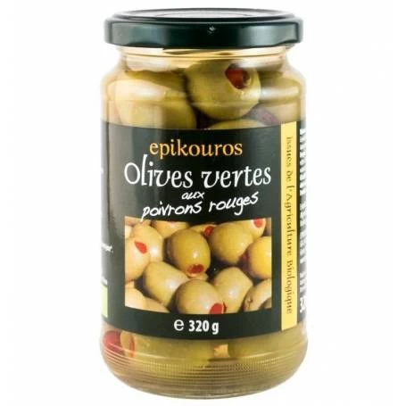 Masline verzi in saramura umplute cu ardei rosu - eco-bio 320g - Epikouros