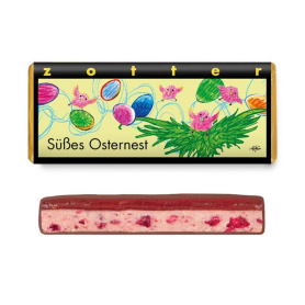 Ciocolata cu lapte umpluta cu zmeură, caramel si nougat de fructe, Paste fericit, eco-bio, 70 g Zotter