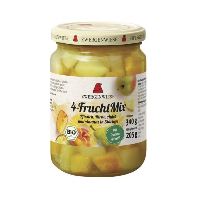 Compot mix din 4 fructe, piersici, pere, mere și ananas, eco-bio, 340 g, Zwergenwiese