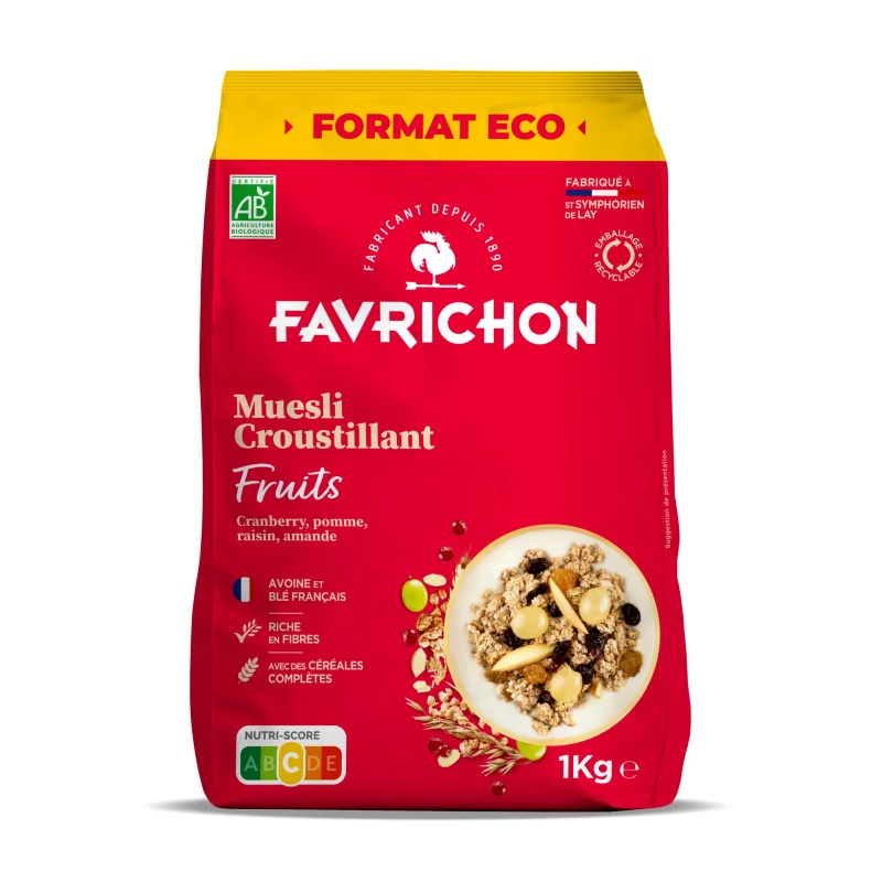 Muesli crocant cu fructe, eco-bio, 1000 g, Favrichon