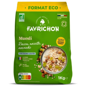 Mueslicu stafide, alune de padure si migdale, fara zahar, eco-bio, 1000 g, Favrichon