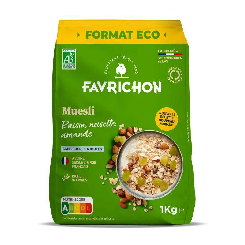 Muesli cu stafide, alune de padure si migdale, fara zahar, eco-bio, 1000 g, Favrichon
