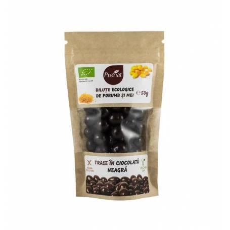 Bilute de porumb si mei trase in ciocolata neagra - eco-bio 50g - Pronat