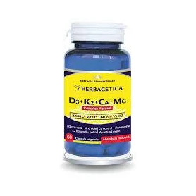 Complex natural vitamina D3 + K2 + Calciu + Magneziu - HERBAGETICA - 60 capsule