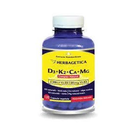 Complex natural vitamina D3 + K2 + Calciu + Magneziu - HERBAGETICA - 120 capsule
