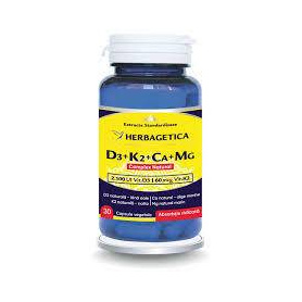 Complex natural vitamina D3 + K2 + Calciu + Magneziu, 30 capsule vegetale - HERBAGETICA
