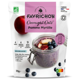 Cereale din ovaz cu mar si afine, preparare peste noapte, fara zahar, eco-bio, 315 g, Favrichon
