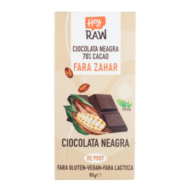 Ciocolata neagra 70% cacao, vegana, fara zahar, 80 g - HEY RAW