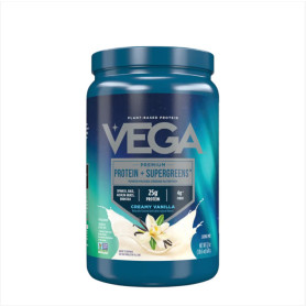 Vega Premium Protein + Supergreens, Proteina vegetala cu aroma de vanilie, 624 g, GNC