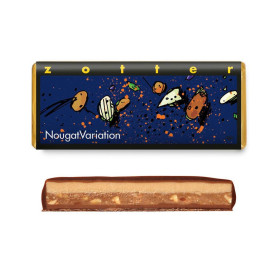 Ciocolata neagra cu lapte 60% cacao umpluta cu nuga de migdale si alune de padure, eco-bio, 70 g, Zotter