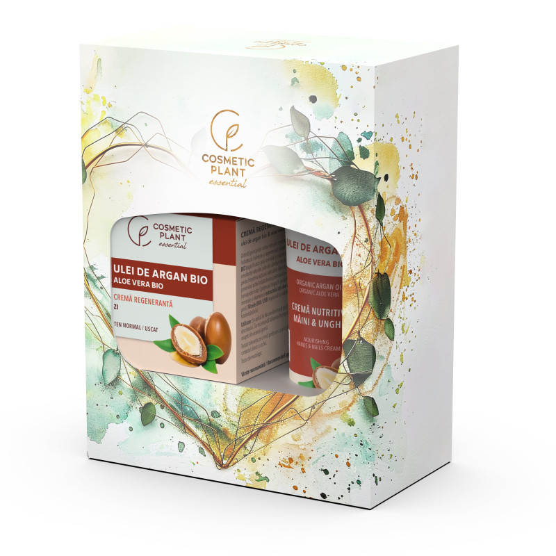 Set cadou Essential - Crema regeneranta de zi cu ulei de argan 50 ml + Crema nutritiva maini si unghii cu ulei de argan 100 ml -
