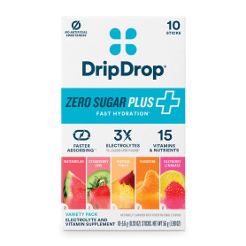 DripDrop Zero Sugar Plus+ Electrolyte Drink Mix, Hidratare Avansata Fara Zahar, Cu Electroliti Si 15 Vitamine,  10 plicuri - GNC