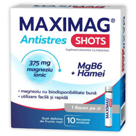 MaxiMag Antistres Shots, pentru reducerea stresului si a oboselii, 375 mg, 25 ml x 10 flacoane - Zdrovit