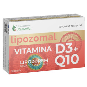 Vitamina D3 + Q10 Lipozomal, pentru sustinerea sanatatii sistemului osos si imunitar, 50 mcg/200 mg, 30 capsule - Remedia
