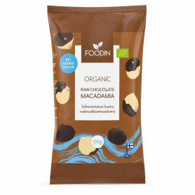 Nuci de macadamia invelite in ciocolata raw, fara zahar, eco-bio, 50 g - Foodin