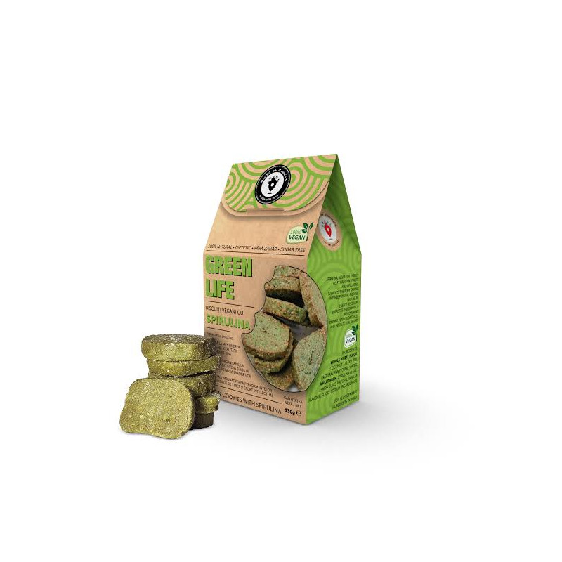 Biscuiti vegani Green Life cu spirulina, fara zahar, 130 g - THE COOKIES