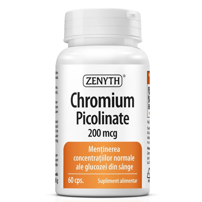 Chromium Picolinate, pentru mentinerea concentratiilor normale ale glucozei in sange, 200 mcg, 60 capsule - Zenyth Pharmaceutica