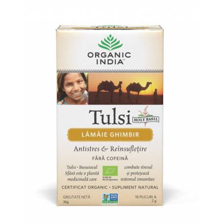 Ceai Tulsi cu Lamaie si Ghimbir Antistres Natural si Reinsufletire 18pl - Organic India