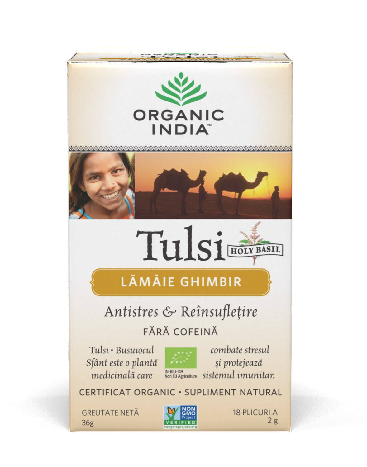 Ceai Tulsi cu Lamaie si Ghimbir Antistres Natural si Reinsufletire 18pl - Organic India