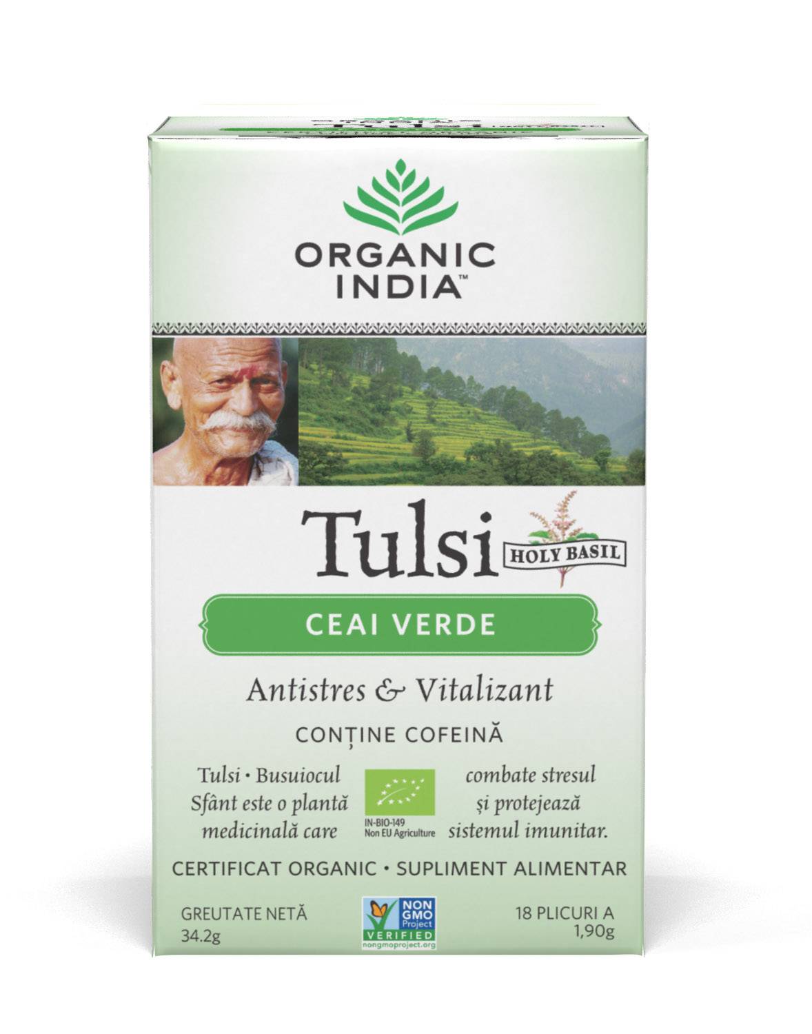 Ceai tulsi cu verde - antistres natural & vitalizant, 18pl - organic india