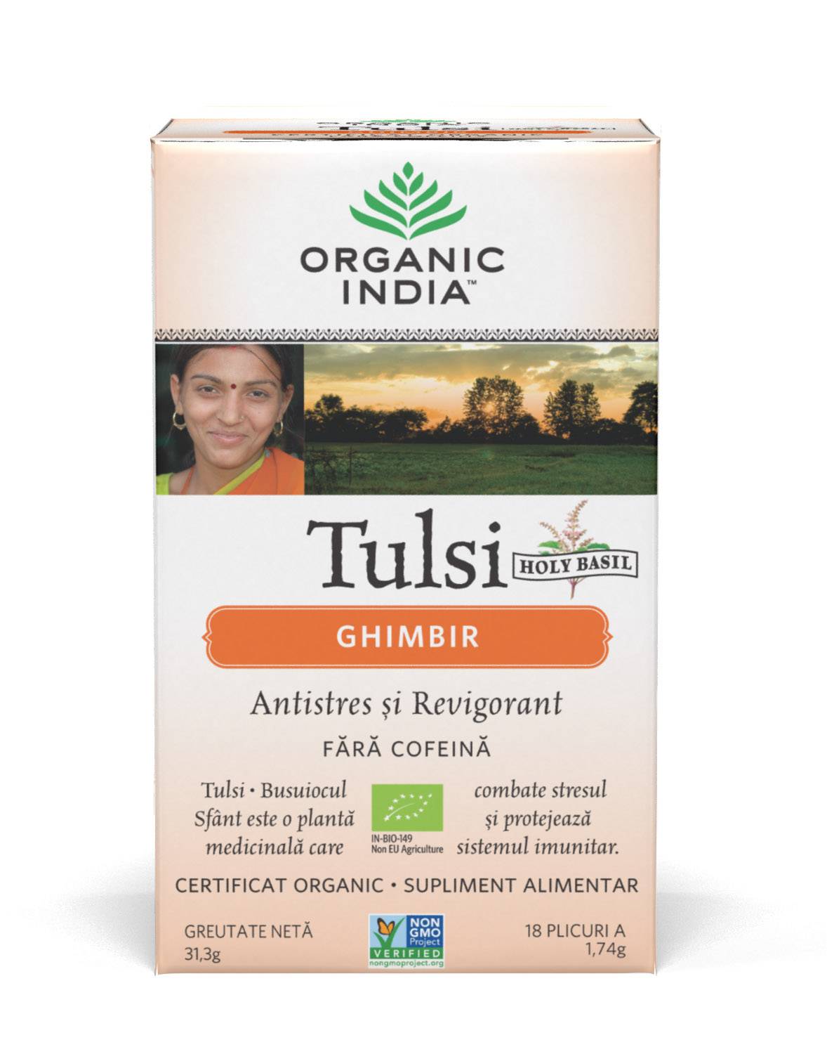 Ceai Tulsi cu Ghimbir - Antistres Natural si Revigorant 18pl - ORGANIC INDIA