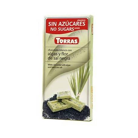 Ciocolata alba cu alge si sare de mare neagra fara zahar 75g - TORRAS