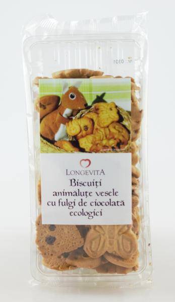 Biscuiti animalute vesele cu fulgi de ciocolata eco-bio - 140g – longevita