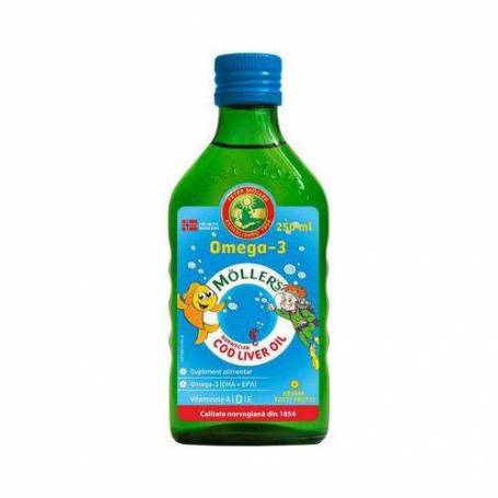 Ulei din ficat de cod, Omega 3, tutti frutti, 250ml Mollers