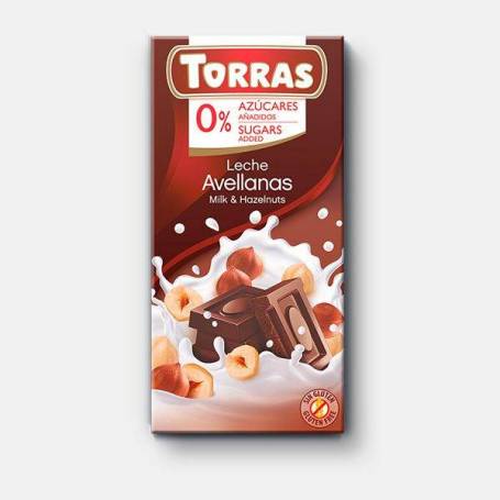 Ciocolata fara zahar, fara gluten cu lapte si alune 75g, Torras