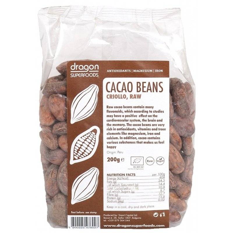 Cacao boabe bio 200g - dragon superfoods