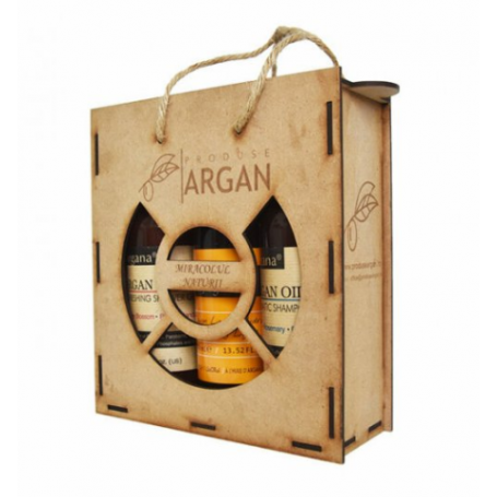 Set cadou cutie lemn Sampon, Gel de dus si Sapun lichid cu ulei de argan 400ml, Argana