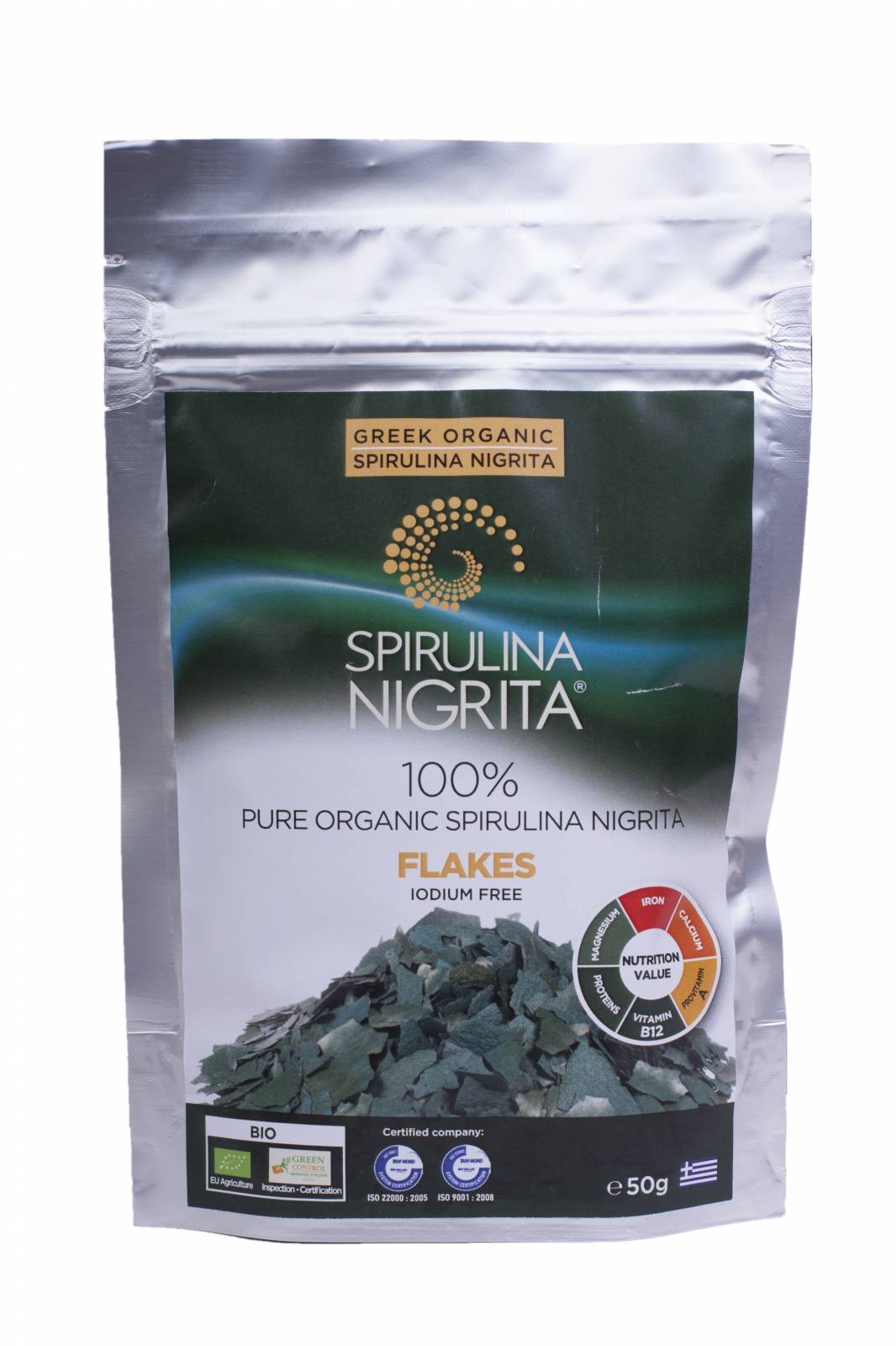 Spirulina fara iod, fulgi eco-bio 50g, spirulina nigrita