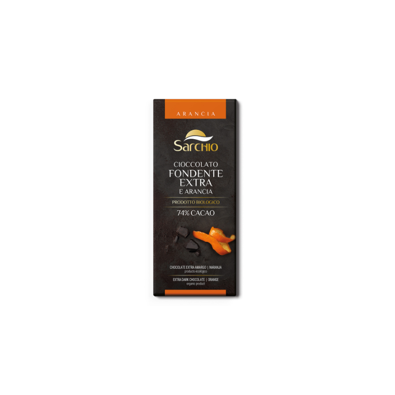 Ciocolata neagra 74% cu portocale fara gluten eco-bio 80g, Sarchio