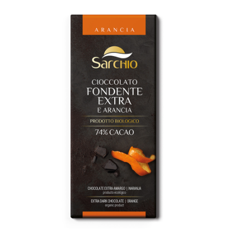 Ciocolata neagra 74% cu portocale fara gluten eco-bio 80g, Sarchio