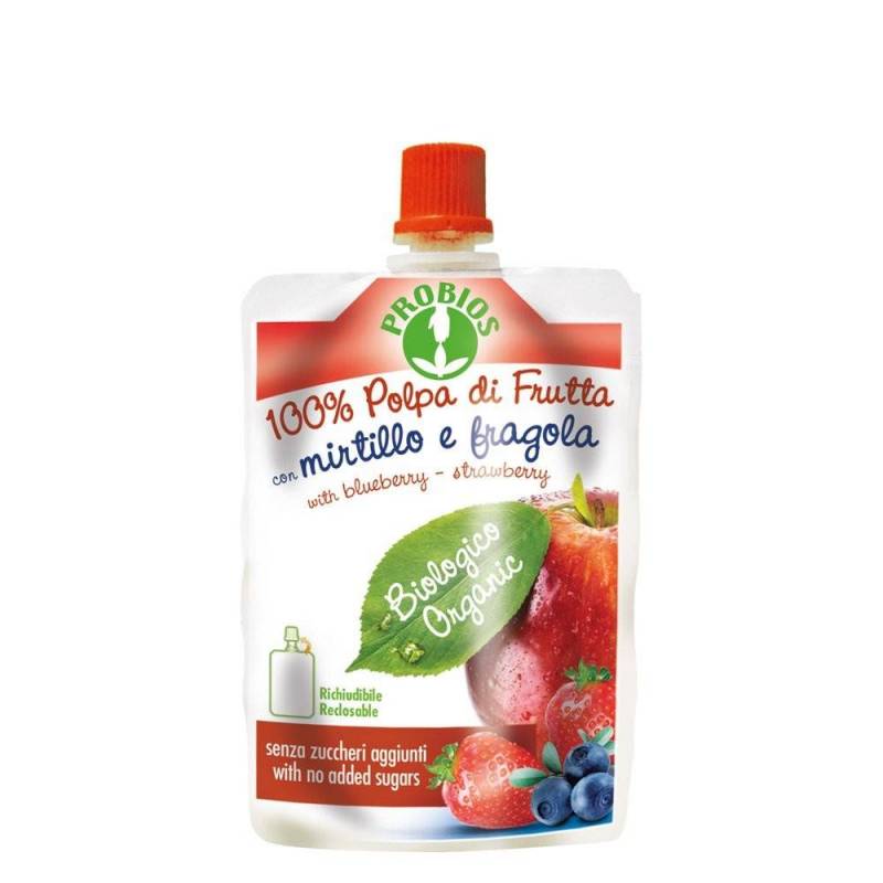 Piure de fructe fara zahar cu mere, afine, capsuni, eco-bio, 100g