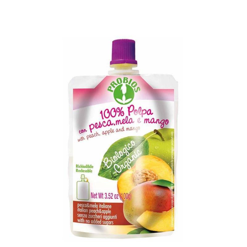 Piure de fructe fara zahar cu piersici, mere, mango, eco-bio, 100g -