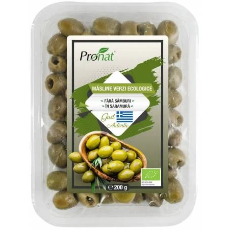 Masline verzi, fara samburi, in saramura, eco-bio, 200 g, Pronat