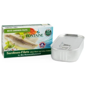 Sardine fara piele si fara oase, in ulei de floarea soarelui, eco-bio, 120g - Fontaine