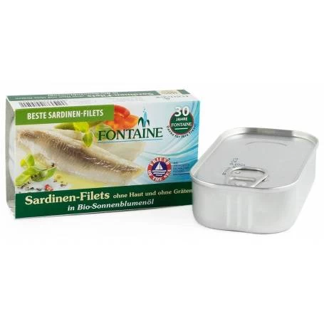 Sardine fara piele si fara oase, in ulei de floarea soarelui, eco-bio, 120g - Fontaine