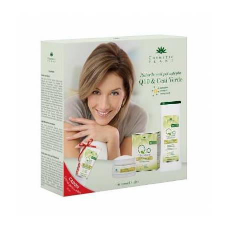 Set cadou Q10+ceai verde cu crema antirid zi, lapte demach. si crema maini - Cosmetic plant 