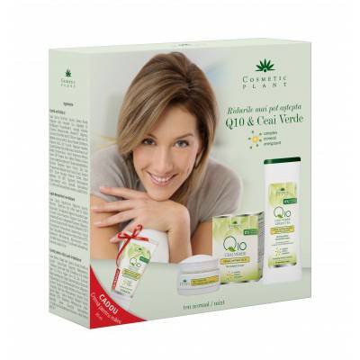 Set cadou q10+ceai verde cu crema antirid zi, lapte demach. si crema maini - cosmetic plant