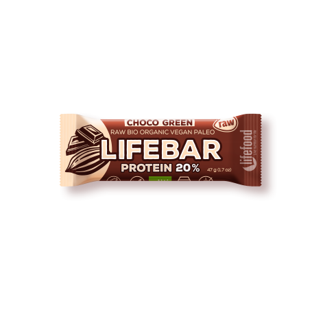 Baton cu proteine si ciocolata raw eco-bio 47g - Lifebar Plus