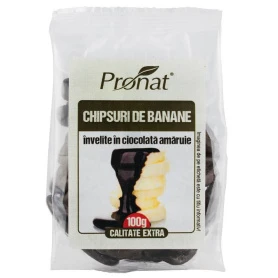 Chipsuri de banane invelite in ciocolata amaruie, 100g - Pronat