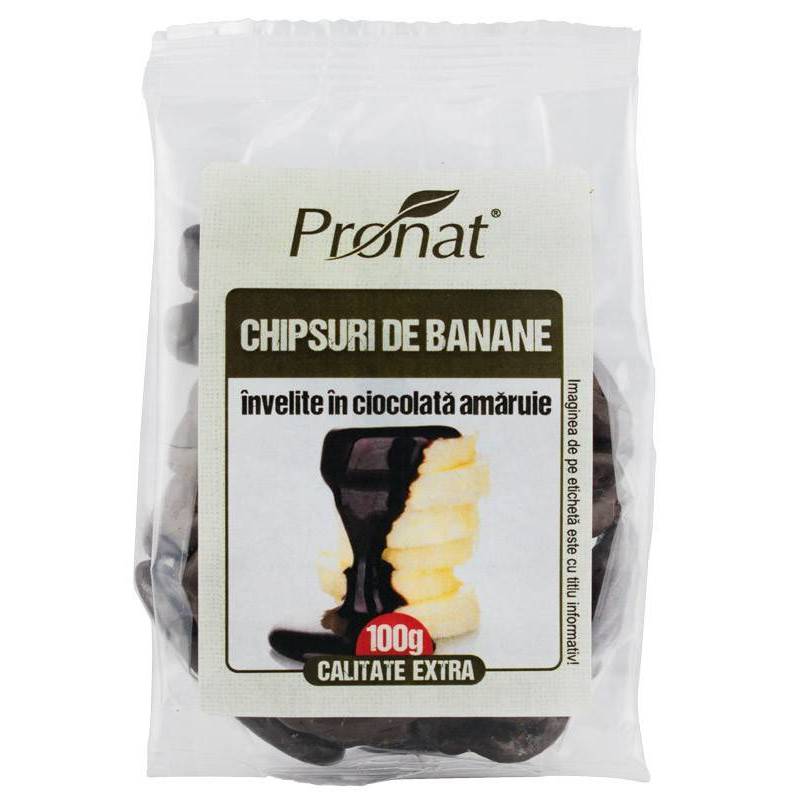 Chipsuri de banane invelite in ciocolata amaruie, 100g - Pronat