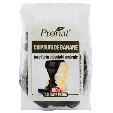 Chipsuri de banane invelite in ciocolata amaruie, 100g - Pronat