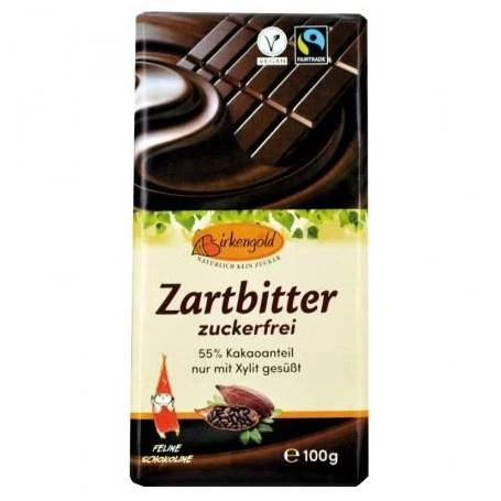 Ciocolata neagra indulcita doar cu xylitol 55% cacao, 100g - Birkengold