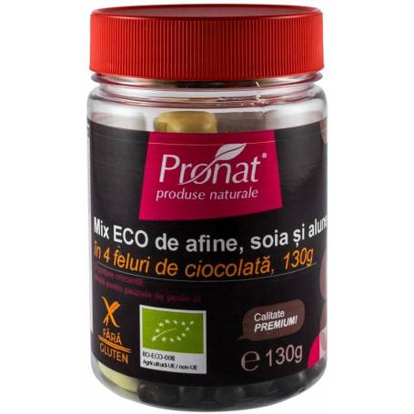 Mix de afine, soia si alune in 4 feluri de ciocolata - eco-bio 130g - Pronat